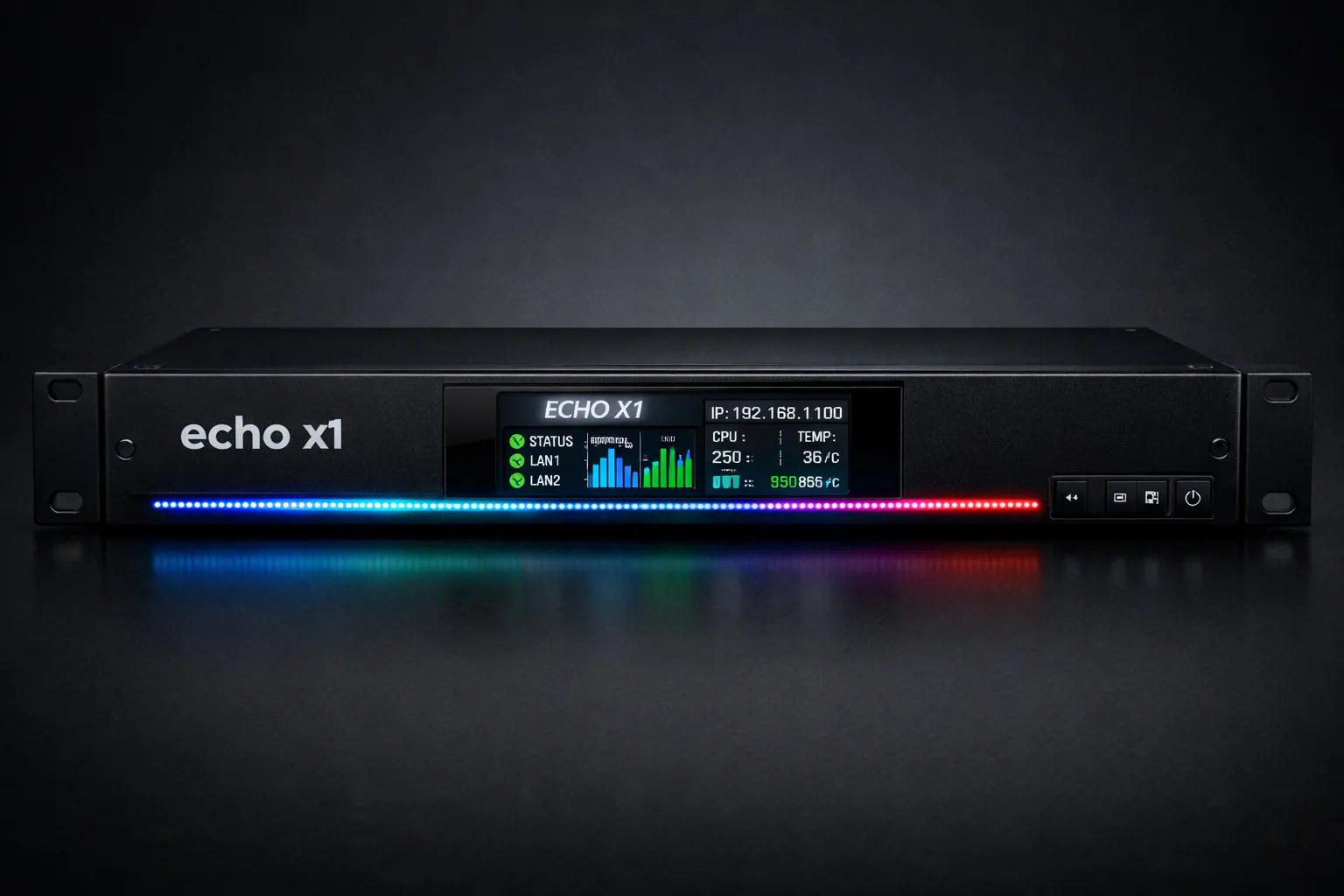 ECHO-X1 1U rack tipi ortam izleme cihazı, renkli ekran ve RGB durum şeridi